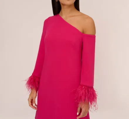 Adrianna Papell Wedding Guest Dresses*Knit Crepe One Shoulder Long Sleeve Dress With Feather Accents In Bright Rose
