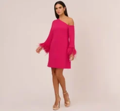 Adrianna Papell Wedding Guest Dresses*Knit Crepe One Shoulder Long Sleeve Dress With Feather Accents In Bright Rose