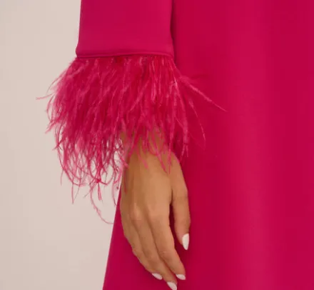 Adrianna Papell Wedding Guest Dresses*Knit Crepe One Shoulder Long Sleeve Dress With Feather Accents In Bright Rose