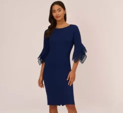 Adrianna Papell Wedding Guest Dresses|Day Dresses*Knit Crepe Sheath Dress With Tiered Three Quarter Sleeves In Navy Sateen