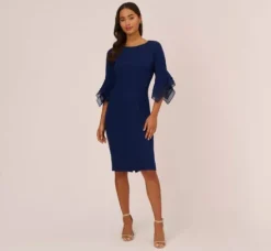 Adrianna Papell Wedding Guest Dresses|Day Dresses*Knit Crepe Sheath Dress With Tiered Three Quarter Sleeves In Navy Sateen