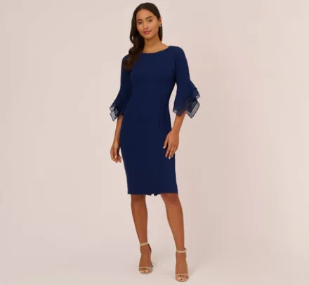 Adrianna Papell Wedding Guest Dresses|Day Dresses*Knit Crepe Sheath Dress With Tiered Three Quarter Sleeves In Navy Sateen