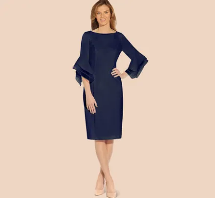 Adrianna Papell Wedding Guest Dresses|Day Dresses*Knit Crepe Sheath Dress With Tiered Three Quarter Sleeves In Navy Sateen