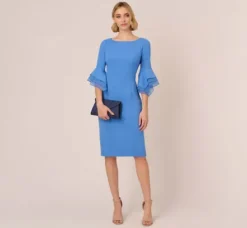 Adrianna Papell Wedding Guest Dresses|Day Dresses*Knit Crepe Sheath Dress With Tiered Three Quarter Sleeves In Cool Water