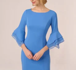 Adrianna Papell Wedding Guest Dresses|Day Dresses*Knit Crepe Sheath Dress With Tiered Three Quarter Sleeves In Cool Water