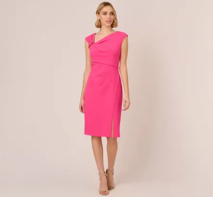 Adrianna Papell Wedding Guest Dresses|Day Dresses*Knit Crepe Sleeveless Midi Dress With Asymmetrical Neckline In Electric Pink