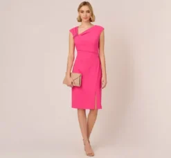 Adrianna Papell Wedding Guest Dresses|Day Dresses*Knit Crepe Sleeveless Midi Dress With Asymmetrical Neckline In Electric Pink