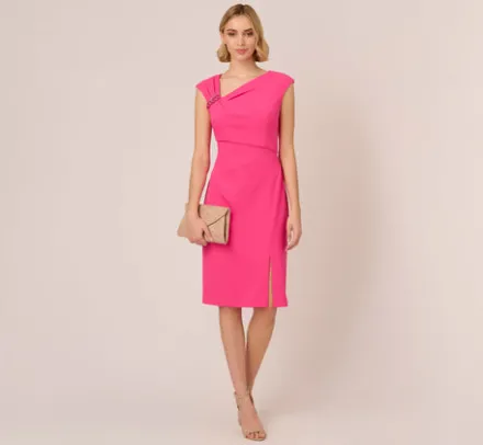 Adrianna Papell Wedding Guest Dresses|Day Dresses*Knit Crepe Sleeveless Midi Dress With Asymmetrical Neckline In Electric Pink