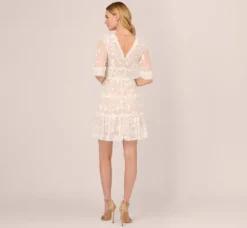 Adrianna Papell Day Dresses|Little White Dresses*Lace Embroidered V Neck Dress With Elbow Sleeves In Ivory Nude