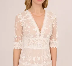 Adrianna Papell Day Dresses|Little White Dresses*Lace Embroidered V Neck Dress With Elbow Sleeves In Ivory Nude