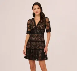 Adrianna Papell Wedding Guest Dresses|Day Dresses*Lace Embroidered V Neck Dress With Elbow Sleeves In Black Nude