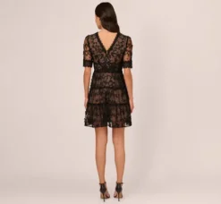 Adrianna Papell Wedding Guest Dresses|Day Dresses*Lace Embroidered V Neck Dress With Elbow Sleeves In Black Nude