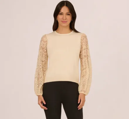 Adrianna Papell Tops & Blouses|Sweaters*Lace Sleeve Crew Neck Sweater In