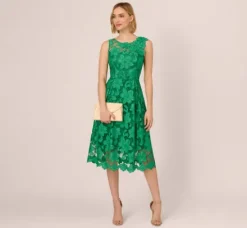 Adrianna Papell Wedding Guest Dresses|Petite-Friendly*Lace Sleeveless Midi Dress With Sheer Neck And Hem In