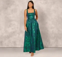 Adrianna Papell Wedding Guest Dresses|Formal Dresses*Lame Satin Jacquard Gown With Square Neckline In Dark Ivy