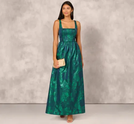 Adrianna Papell Wedding Guest Dresses|Formal Dresses*Lame Satin Jacquard Gown With Square Neckline In Dark Ivy