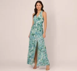 Adrianna Papell Wedding Guest Dresses|Formal Dresses*Leaf Print Chiffon Shirred Gown With Halter Neckline In