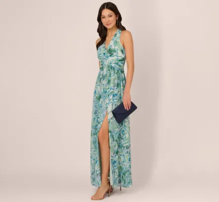 Adrianna Papell Wedding Guest Dresses|Formal Dresses*Leaf Print Chiffon Shirred Gown With Halter Neckline In