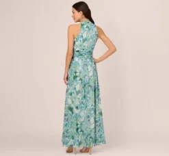 Adrianna Papell Wedding Guest Dresses|Formal Dresses*Leaf Print Chiffon Shirred Gown With Halter Neckline In