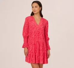 Adrianna Papell Wedding Guest Dresses|Ap Exclusives*Leaf Print Tiered Shift Dress With Long Bell Sleeves In Pink Multi