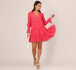 Adrianna Papell Wedding Guest Dresses|Ap Exclusives*Leaf Print Tiered Shift Dress With Long Bell Sleeves In Pink Multi