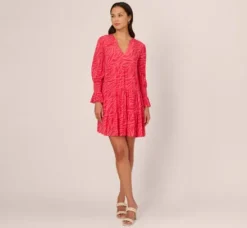 Adrianna Papell Wedding Guest Dresses|Ap Exclusives*Leaf Print Tiered Shift Dress With Long Bell Sleeves In Pink Multi