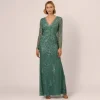 Adrianna Papell Wedding Guest Dresses|Formal Dresses*Long Sleeve Beaded Full Length Dress In Green Slate