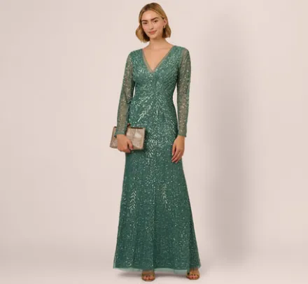 Adrianna Papell Wedding Guest Dresses|Formal Dresses*Long Sleeve Beaded Full Length Dress In Green Slate