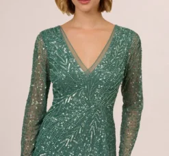 Adrianna Papell Wedding Guest Dresses|Formal Dresses*Long Sleeve Beaded Full Length Dress In Green Slate