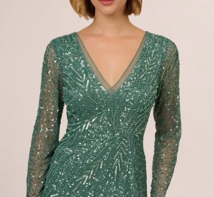 Adrianna Papell Wedding Guest Dresses|Formal Dresses*Long Sleeve Beaded Full Length Dress In Green Slate