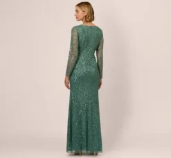 Adrianna Papell Wedding Guest Dresses|Formal Dresses*Long Sleeve Beaded Full Length Dress In Green Slate