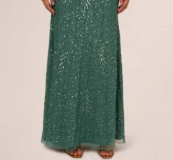 Adrianna Papell Wedding Guest Dresses|Formal Dresses*Long Sleeve Beaded Full Length Dress In Green Slate