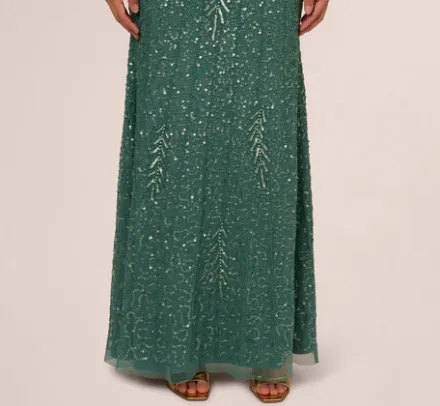 Adrianna Papell Wedding Guest Dresses|Formal Dresses*Long Sleeve Beaded Full Length Dress In Green Slate