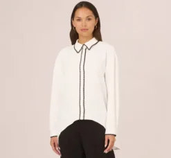 Adrianna Papell Tops & Blouses|Co-Ord Sets*Long Sleeve Button Down Top With Embroidered Details In Ivory Black