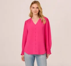 Adrianna Papell Tops & Blouses*Long Sleeve Covered Button Up Top With V Neck In Hot Pink