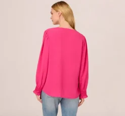 Adrianna Papell Tops & Blouses*Long Sleeve Covered Button Up Top With V Neck In Hot Pink