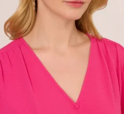 Adrianna Papell Tops & Blouses*Long Sleeve Covered Button Up Top With V Neck In Hot Pink
