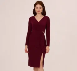 Adrianna Papell Wedding Guest Dresses|Day Dresses*Long Sleeve Draped Jersey Dress With Chain Trim In Blackened Red
