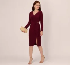 Adrianna Papell Wedding Guest Dresses|Day Dresses*Long Sleeve Draped Jersey Dress With Chain Trim In Blackened Red