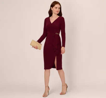 Adrianna Papell Wedding Guest Dresses|Day Dresses*Long Sleeve Draped Jersey Dress With Chain Trim In Blackened Red