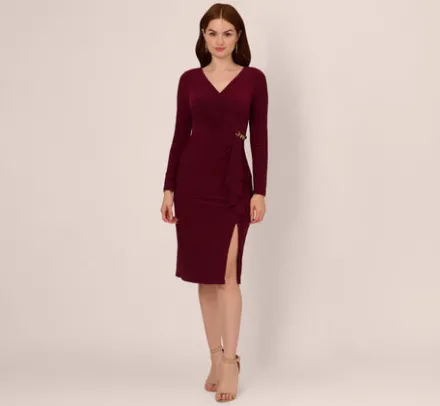 Adrianna Papell Wedding Guest Dresses|Day Dresses*Long Sleeve Draped Jersey Dress With Chain Trim In Blackened Red