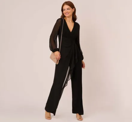 Adrianna Papell Jumpsuits|Day Dresses*Long Sleeve Jersey Jumpsuit With Chiffon Details In