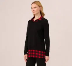 Adrianna Papell Tops & Blouses|Sweaters*Long Sleeve Layered Sweater Top In Black W Red Buffalo Plaid