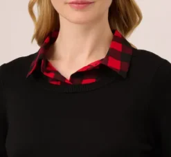 Adrianna Papell Tops & Blouses|Sweaters*Long Sleeve Layered Sweater Top In Black W Red Buffalo Plaid