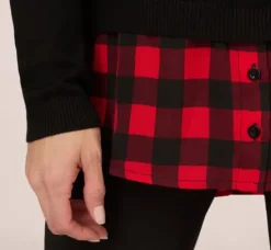 Adrianna Papell Tops & Blouses|Sweaters*Long Sleeve Layered Sweater Top In Black W Red Buffalo Plaid