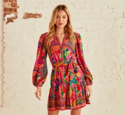 Adrianna Papell Wedding Guest Dresses|Day Dresses*Long Sleeve Retro Printed A Line Dress In Pink Multi