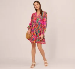 Adrianna Papell Wedding Guest Dresses|Day Dresses*Long Sleeve Retro Printed A Line Dress In Pink Multi