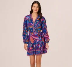 Adrianna Papell Wedding Guest Dresses|Day Dresses*Long Sleeve Retro Printed A Line Dress In Blue Multi