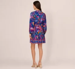 Adrianna Papell Wedding Guest Dresses|Day Dresses*Long Sleeve Retro Printed A Line Dress In Blue Multi