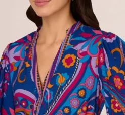 Adrianna Papell Wedding Guest Dresses|Day Dresses*Long Sleeve Retro Printed A Line Dress In Blue Multi